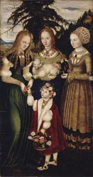 Altartavla med Saint Catharines martyrskap, vänster flygel: De heliga Dorothea, Agnes och Cunigund