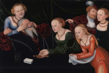 En gammal man förförd av kurtisaner. Omkring 1537
