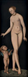 Venus med Amor som honungstjuv mot svart bakgrund