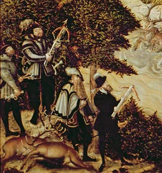 Johann Friedrich den storsint, kurfurst av Sachsen och kejsar Karl V jagar rådjur nära Hartenfels slott, Torgau, 1544 (uppgift om 38682)