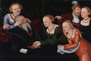 Gammal man lurad av kurtisaner, ca 1537
