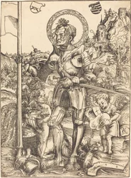 Saint George stående, med två änglar