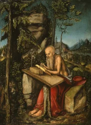 Saint Jerome i ett stenigt landskap