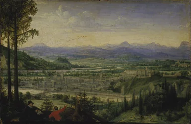 Utsikt över Linz med konstnärsteckning i förgrunden, 1593.