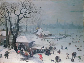 Vinterlandskap med snöfall nära Antwerpen