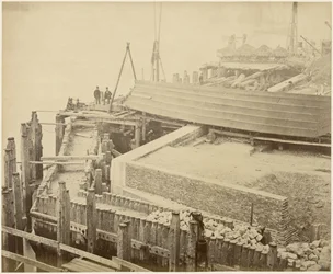 Konstruktion av den utökade Limehouse Basin, London, maj 1869