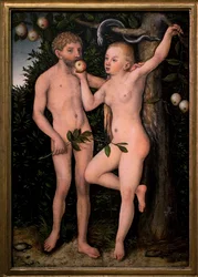 Adam och Eva. Målning av Lucas Cranach den förra (1472-1553), cirka 1538. Flamländsk konst 1500-talet. Nationalgalleriet, Sternbergpalatset, Prag (Tjeckien).