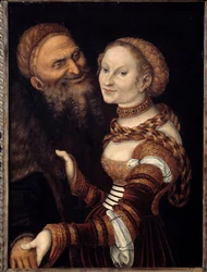Courtesan and Old Man Målning av Lucas Cranach (1472 - 1553). 1500-talet. Musee des Beaux-Arts de Besancon.