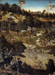 Jakt för att hedra Karl V på Torgau slott (Tyskland). Detalj. Kejsaren är förmodligen en representant på nedervåningen som håller i ett armborst. Målning av Lucas Cranach (1472-1553)