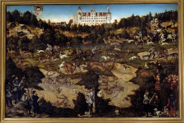 Jakt för att hedra Karl V på Torgau slott (Tyskland). Målning av Lucas Cranach den äldre (1472-1553)