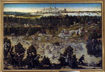 Jakt för att hedra Karl V på Torgau slott i Tyskland Målning av Lucas Cranach den äldre (1472-1553) 1544. Madrid. Musee Du Prado - Jakt för att hedra Karl V på slottet Torgau i Tyskland. Målning av Lucas Cranach den äldre (1472-1553) 1544. P