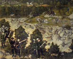 Jakt för att hedra Karl V på Torgau slott i Tyskland. Kejsaren är representativ till vänster förmodligen. Detalj. Målning av Lucas Cranach den äldre (1472-1553). 1500-talet. Madrid. Pradomuseet