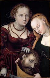 Judith med en piga och chef för Holoferne Målning av Lucas Cranach den äldre (1472-1553) 1530 Sön. 77x52,5 cm Wien, Kunsthistorisches Museum - Judith med huvudet av Holofernes och en tjänare. Olja på trä 77 x 52,5 cm