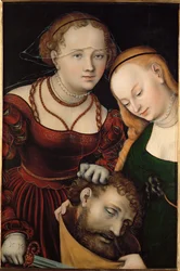 Judith med Holofernes huvud och en tjänare (olja på trä)