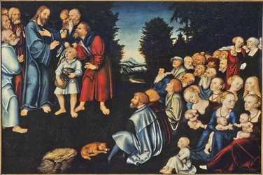 La multiplification des pains - Miraklet med de fem bröden och två fiskarna, av Cranach, Lucas, den äldre (1472-1553). Olja på trä. Mått: 82x120 cm. Nationalmuseum Stockholm