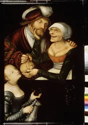 ""The Procure"" (The procuress) En tandlös gammal hallick tar en kunds handväska i utbyte mot en intervju med en prostituerad. Målning av Lucas Cranach den äldre (1472-1553) cirka 1530 State Georgian Art Museum, Tiflis (Tbilisi) Georgia
