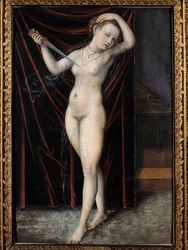 Lucretia ger sig själv döden. Lucretias självmord, romersk dam från 500-talet f.Kr. Målning av Lucas Cranach (1472-1553), 1500-talet. Besançon, Konstmuseet