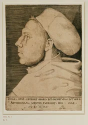 Martin Luther med doktorshatt. Gravyr ... (gravyr)