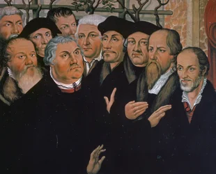 Martin Luther med representanter för protestantisk reformation, till höger Melanchthon, i centrum Erasmus av Rotterdam, detalj från Lazarus uppståndelse, målning av Lucas Cranach Elder (1472-1553)