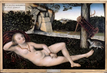 Nymf vid källan eller "" resten av Diane"" Målning av Lucas Cranach den äldre (1472-1553) Omkring 1537. Besancon, Museum of Fine Arts