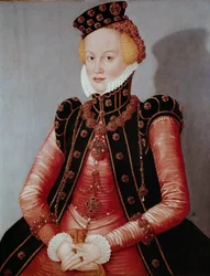 Porträtt av Lady Ung kvinna rikt klädd, klädd i hatt och juvelklädsel. Målning av Lucas Cranach den äldre (1472-1553) Dim. 87 x 69 cm Munich Alte Pinakothek