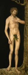 Människans fall: Adam - Lucas Cranach, den äldre (1472-1553). Olja på trä, ca 1510-1520. Mått: 137x54 cm. Konsthistoriska museet, Vienne