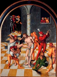 The Flogging of Christ Målning av Lucas Cranach den äldre (1472-1553). 1538. Dim. 108x84 cm Wien. Konsthistoriska museet