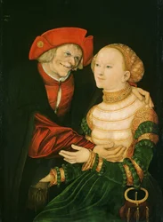 Det ojämlika paret - Peinture de Lucas Cranach den äldre (1472-1553) - 1522 - Olja på trä - 84,5x63 - Szepmuveszeti Muzeum, Budapest