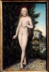 Venus stående i ett landskap. Målning av Lucas Cranach den äldre (1472-1553), 1529, olja på trä, mått 0,38 x 0,25 m