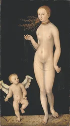 Venus et Cupidon - Venus och Amor, av Cranach, Lucas, den äldre (1472-1553). Olja på trä. Mått: 90x49,5 cm. Nationalmuseum Stockholm