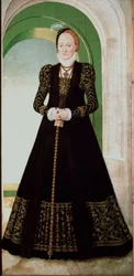 Porträtt av Anne av Danmark (1532-1585) Hustru till kurfurst Augustus av Sachsen (1526-1586) Målning av Lucas Cranach den unge (1515-1586) 1565 Sön. 215x104 cm Wiens konsthistoriska museum
