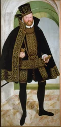 Porträtt av kurfursten Augustus I av Sachsen kallad den fromme (1526-1586)”” Målning av Lucas Cranach den unge (1515-1586) 1565 Sön. 215x104 cm Wiens konsthistoriska museum