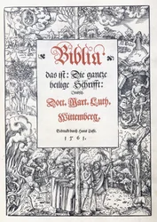 Titelsida, med en fin bildkant från "Biblia, das ist: Hela den heliga skriften: tyska", översatt av Martin Luther, 1560-1561