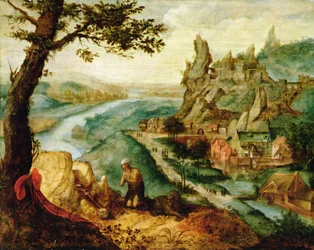 Saint Hieronymus i ett landskap (olja på trä)