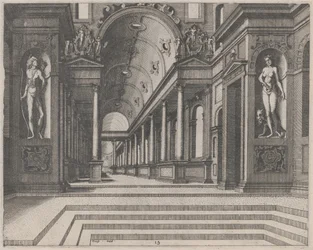 Utsikt i en kyrka med korintiska kolonner och statyer av Apollo, Melpomene och Moses