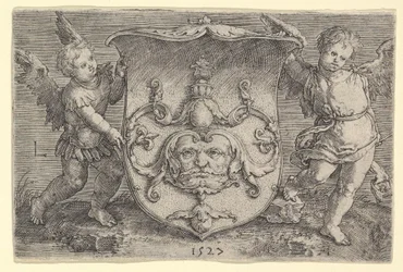 Vapensköld med mask, innehas av två genier, 1527.