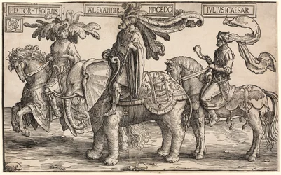 Hector av Troja, Alexander av Makedonien, Julius Caesar, från De nio hjältarna