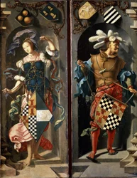The Healing of the Blind Man of Jericho (sidopanel). Helande av blind man från Jeriko. Två figurer med vapensköldar. Målning av Lucas Van Leyden (1489/94-1533)
