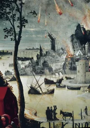 Lot och hans döttrar, detalj om Sodoms förstörelse (olja på panel, cirka 1517)