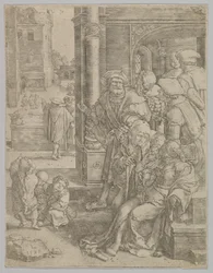 Poeten Vergilius suspenderad i en korg, 1525.