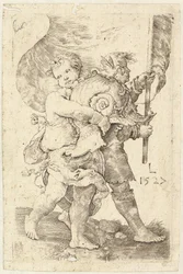 Två pojkar med hjälm och standard, 1527.