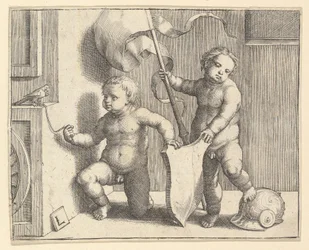 Två nakna barn som stödjer en tom sköld, ca. 1510.