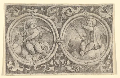 Två Putti sittande i moln i cirklar med rankor, 1517.