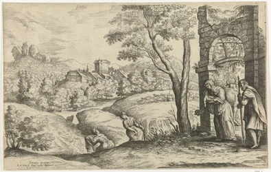 Landskap med den heliga familjen och två barnmorskor