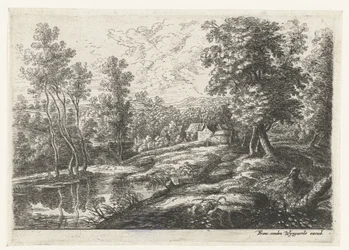 Landskap med hus och en kyrka omgiven av en mur Fem landskap (serietitel)