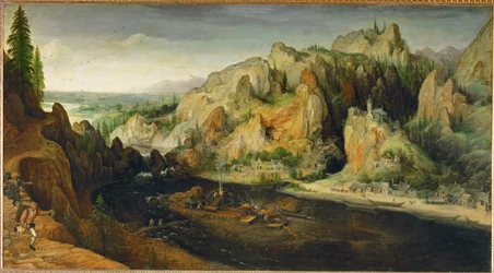 Bergslandskap med rövare och masugn, omkring 1558 (målning på duk)
