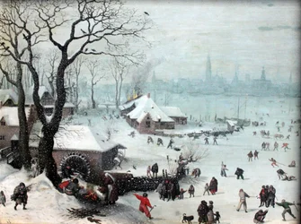Vinterlandskap nära Antwerpen med snöfall