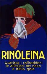 Reklam för läkemedlet Rinoleina mot förkylning, halsont och hosta. Illustration av Lucien Achille Mauzan (1883-1952).