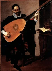 Porträtt av musikern i Ducal Chapel Gerolamo Gallo Målning av Luciano Borzone (1590-1645) Genes, Galleria di Palazzo Bianco