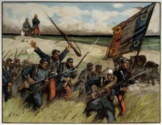 Första världskriget (1914-1918): ”” Charge à la baionette en septembre 1914”” Målning av Lucien Hector (Lucien-Hector) Jonas (1880 -1947) 1914 Paris. Museum för de två världskrigen